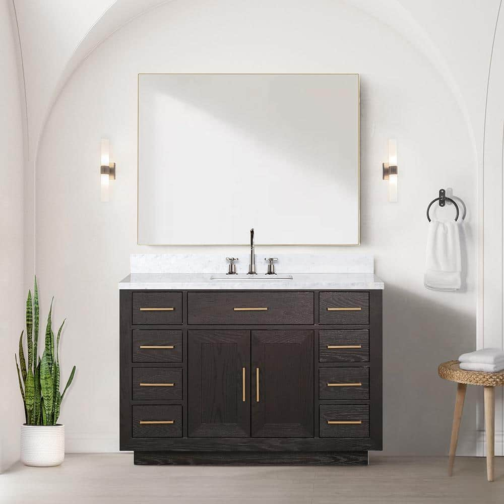 Condor 48 in W x 22 in D Brown Oak Single Bath Vanity, Carrara Marble Top, Faucet Set, and 46 in Mirror -  Lexora, LVCO48SK111