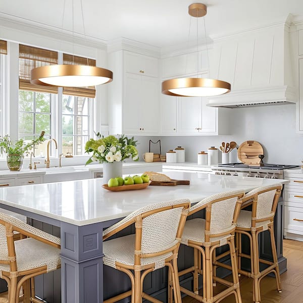 1-Light Gold Drum Chandelier with White Acrylic Shade