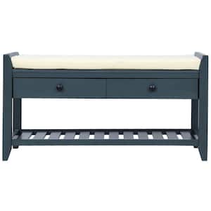 Antique Navy Entryway Storage Bench, Cushioned Seat Shoe Rack, 2-Drawers, Shelf Cabinet 39 in. L x 14 in. W x 19.8 in. H