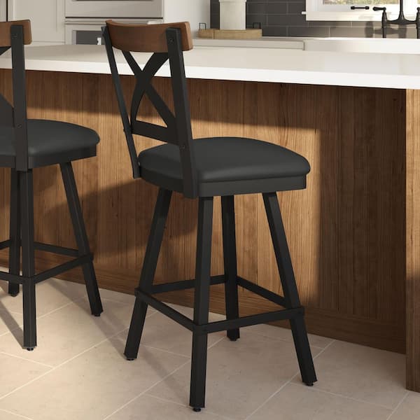 Snyder 26.5 in. Charcoal Black Faux Leather / Light Brown Birch Wood / Black Metal Swivel Counter Stool