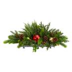 24 in. Unlit Cedar Pine, Pinecones and Ornaments Artificial Christmas Arrangement in Tin Vase
