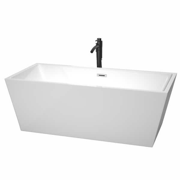 Wyndham Collection Sara 67 in. Acrylic Flatbottom Bathtub in White with Polished Chrome Trim and Matte Black Faucet