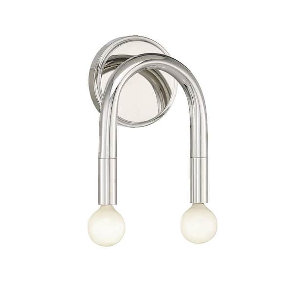 Savoy House Meridian 6.25 in. W x 9.25 in. H 2-Light Polished Nickel Wall Sconce with Curved Arms and Exposed Bulbs