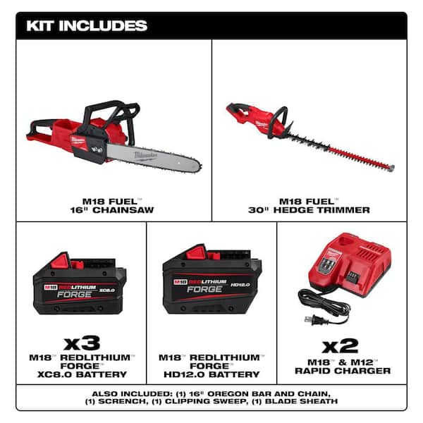 M18 FUEL 16 in. 18V Brushless Cordless Battery Chainsaw w/ 30 in. Hedge Trimmer, (4) M18 FORGE Battery, (2) Charger