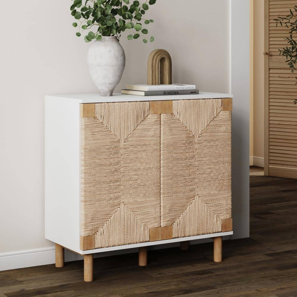 Nathan James Beacon Accent Sideboard, Storage Cabinet with Seagrass Doors, for Entryway or Dining Room, Light Brown/White