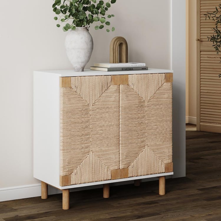 Nathan James Beacon Storage Cabinet Wood and Seagrass White: Veneer Surface, Fixed Shelf, Adult Assembly Required