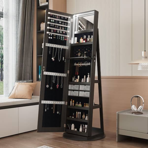 Black 21.6 in. W x 62.3 in. H Rectangle Wood Full Length Mirror Jewelry Cabinet & 360° Rotating Mirror Lockable Storage