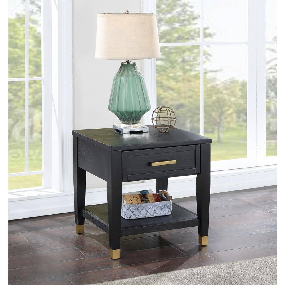 Black and Gold Rectangular Wood End Table with Storage