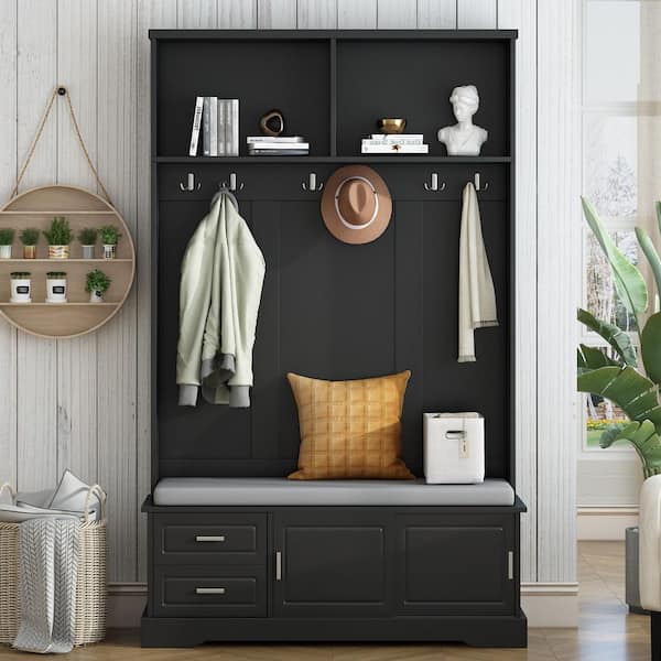 Black Hall Tree with Sliding Doors, Cabinet and Hooks