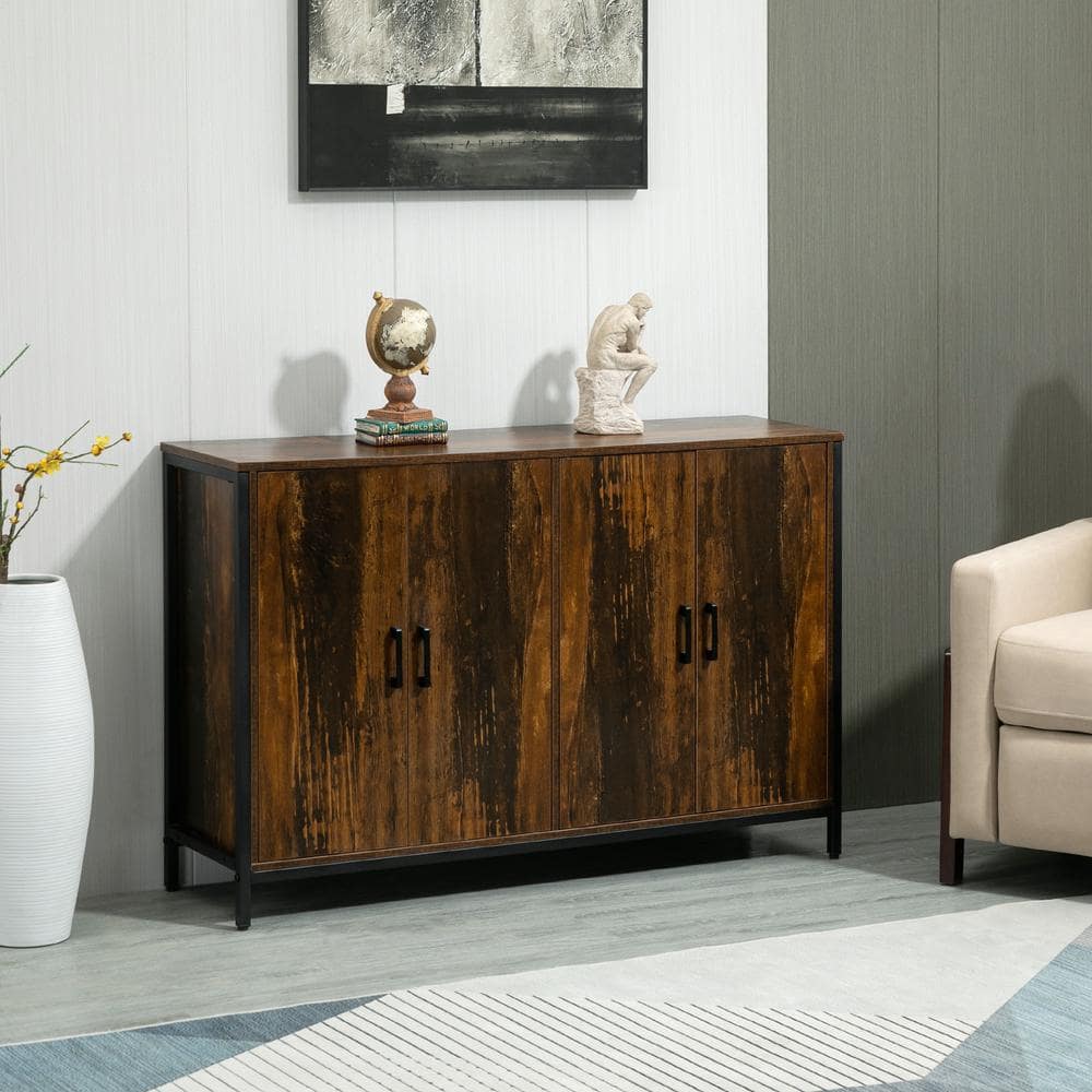 Rustic Brown Steel Frame Buffet Sideboard with Adjustable Shelves