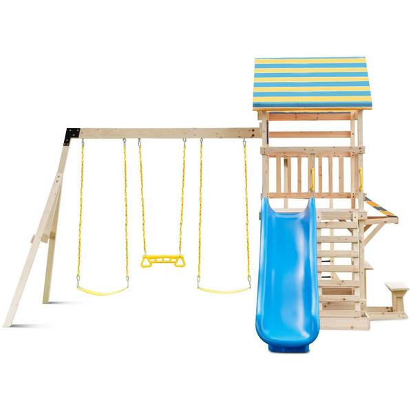 Costway Beige Outdoor Residential Wooden Swing Set Slide Playset for