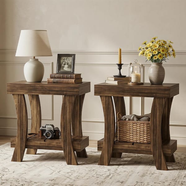 Kerlin 23.6 in. Dark Brown Rectangle Wood End Table, Farmhouse 2-Tier Side Table with Storage Shelves Nightstand Beside