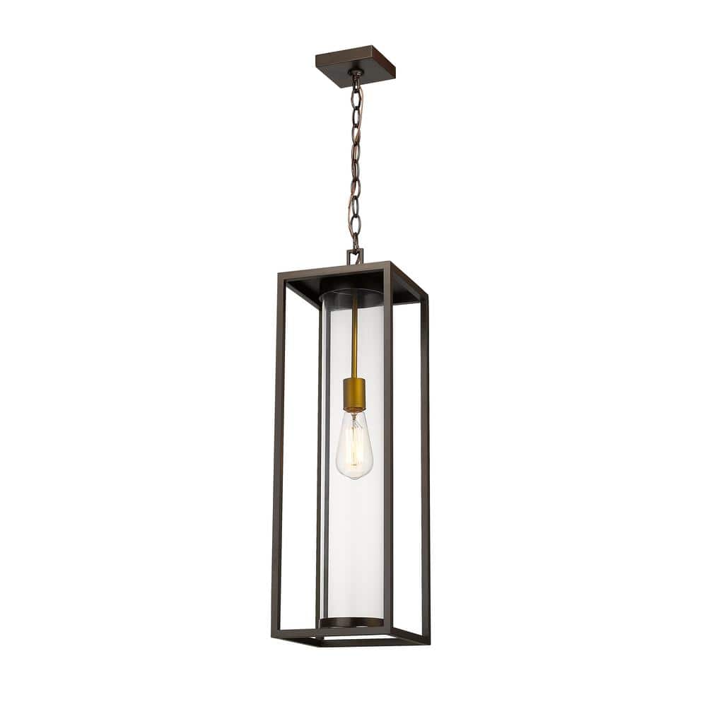 1-Light Deep Bronze and Outdoor Brass Outdoor Pendant Light with Clear Glas