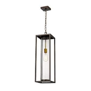 1-Light Deep Bronze and Outdoor Brass Outdoor Pendant Light with Clear Glass Shade