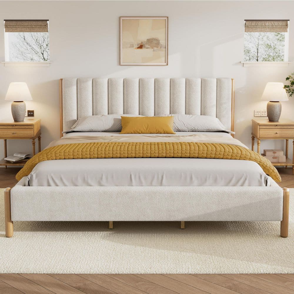 CHRISTOPHER KNIGHT HOME Alder Modern White Boucle Fabric Upholstered Wood Frame California King Size Platform Bed with Tufted Headboard 148445
