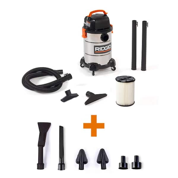 RIDGID 6 Gallon 4.25-Peak HP Stainless Steel Wet/Dry Shop Vacuum with Filter, Hose, Accessories and Car Cleaning Attachment Kit