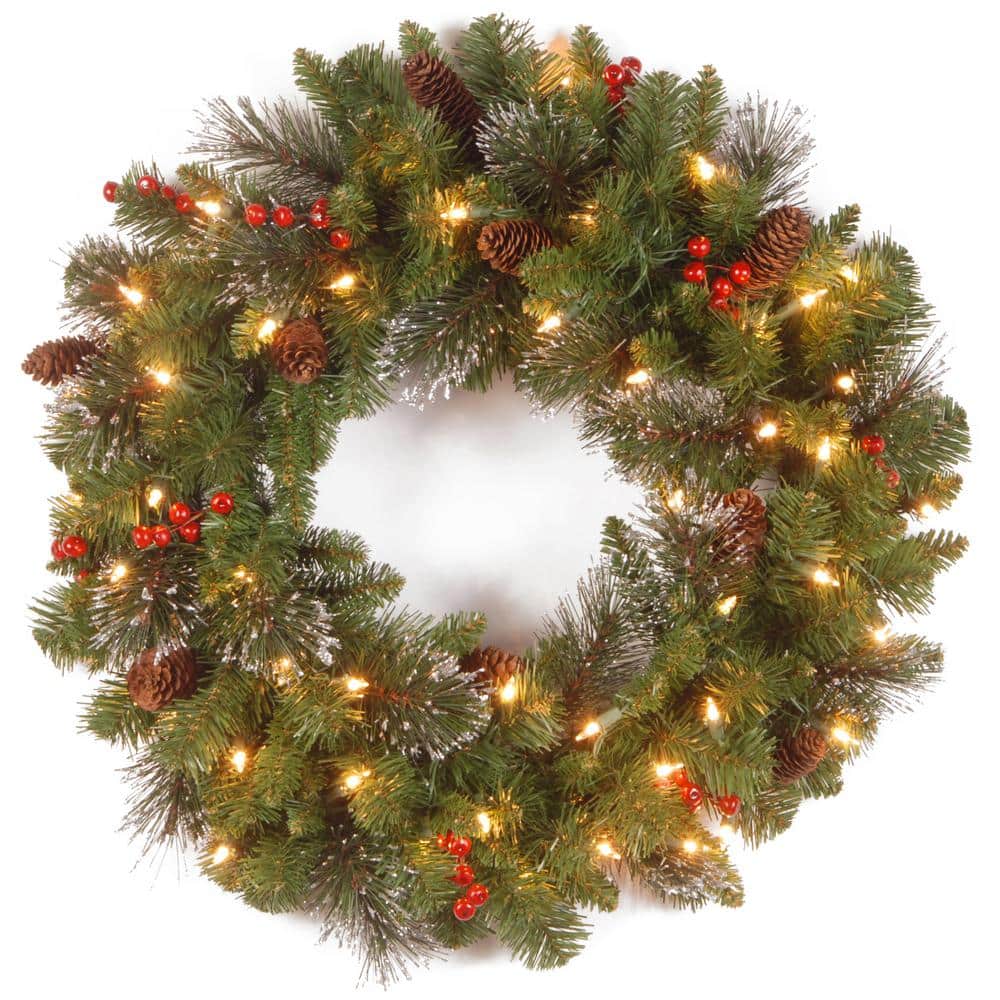 Crestwood Spruce Wreath with Silver Bristle Cones Red Berries 35 lights 20 in 