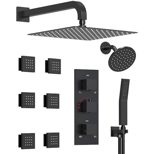 GRANDJOY Dual Showers Kits 8-Spray Wall Mount 12 in. Fixed and Handheld Shower Head 2.5 GPM in Matte Black(Valve Included)