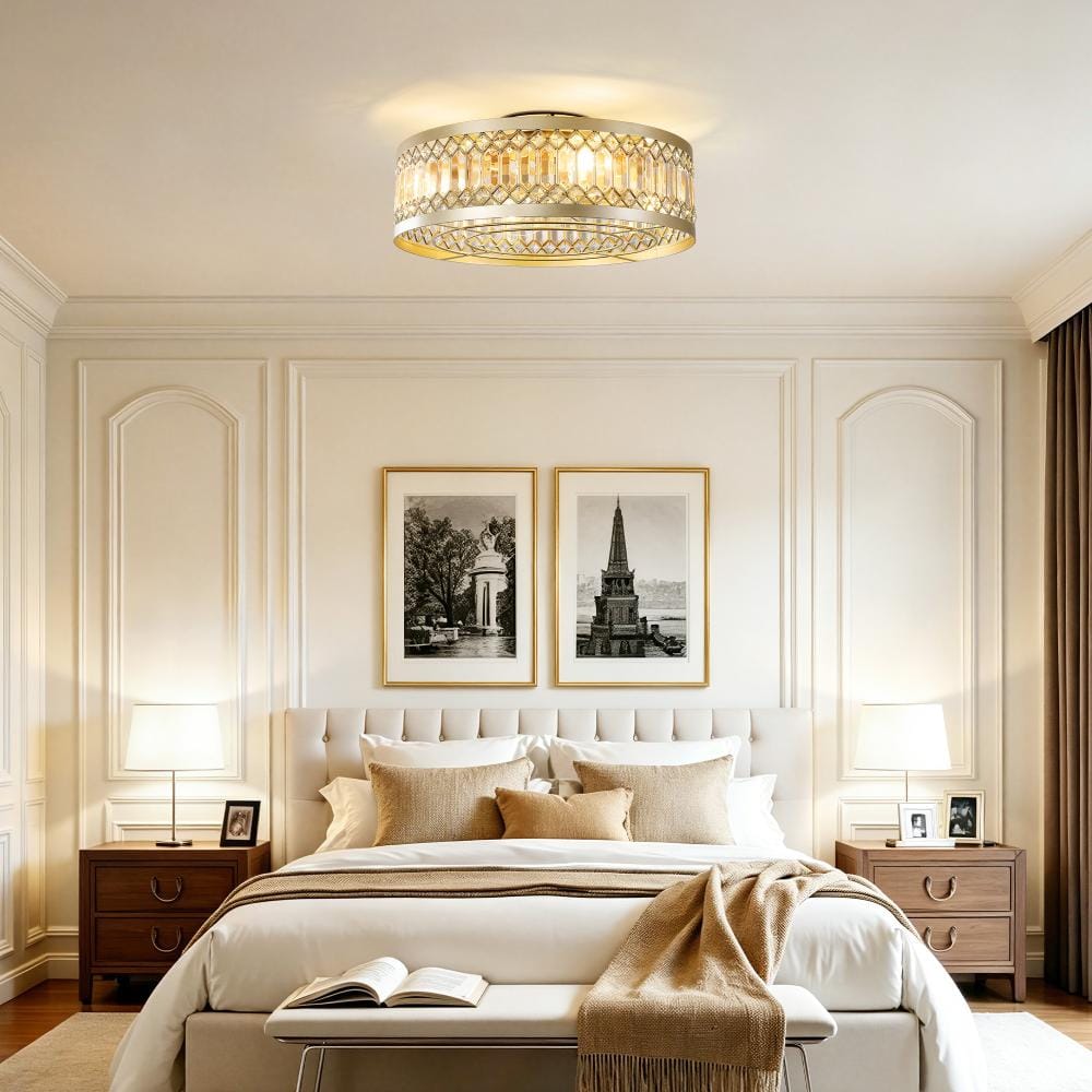 20 in. Gold Flush Mount Ceiling Fan Light Crystal Glass Drum Fandelier with Hidden Blades Remote price history on PriceWatchPro