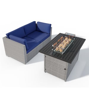 3 Piece Outdoor Wicker Loveseat with Removable Cushions and Fire Table, Dark Blue
