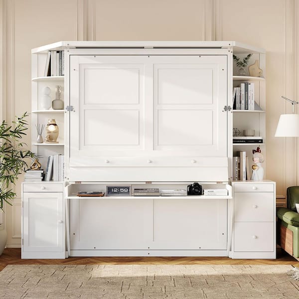 White Wood Frame Queen Size Murphy Bed with Desk, Storage Shelves and Cabinets, Hidden Wall Bed