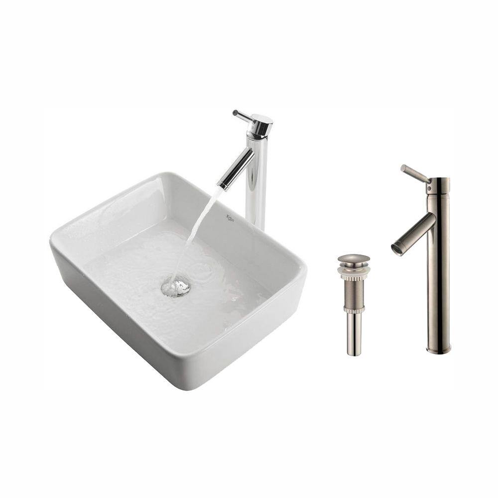 Kraus Square Ceramic Vessel Sink In White With Sheven Faucet In Satin Nickel C Kcv 120 1002sn The Home Depot