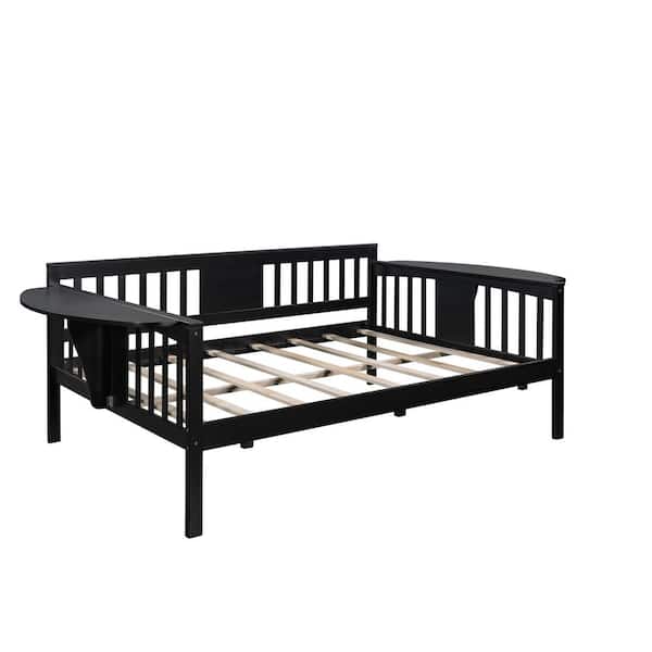 URTR Espresso Wood Full Size Daybed Frame, Full Bed Frame with Foldable Table and Wood Slat Support for Bedroom, Living Room