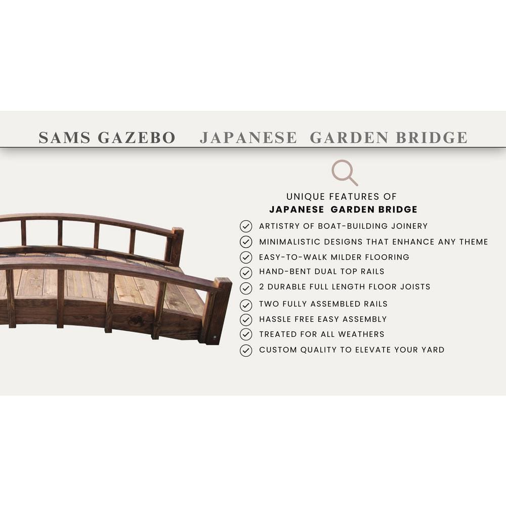 6-Foot Brown Arched Wooden Japanese Garden Bridge