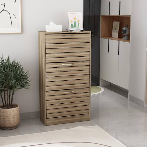42.3 in. H x 22.4 in. W Brown Wood Grain 18-Pair Shoe Storage Cabinet with 3-Drawers and Removable Racks