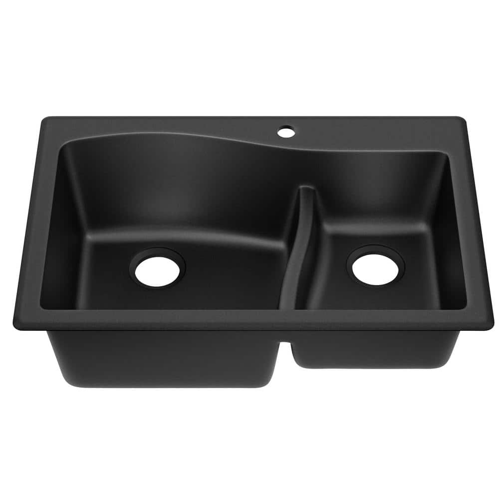 KRAUS Quarza Drop-in/Undermount Granite Composite 33 in. 1-Hole 60/40 Double Bowl Kitchen Sink in Black