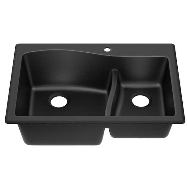 Quarza Drop-in/Undermount Granite Composite 33 in. 1-Hole 60/40 Double Bowl Kitchen Sink in Black