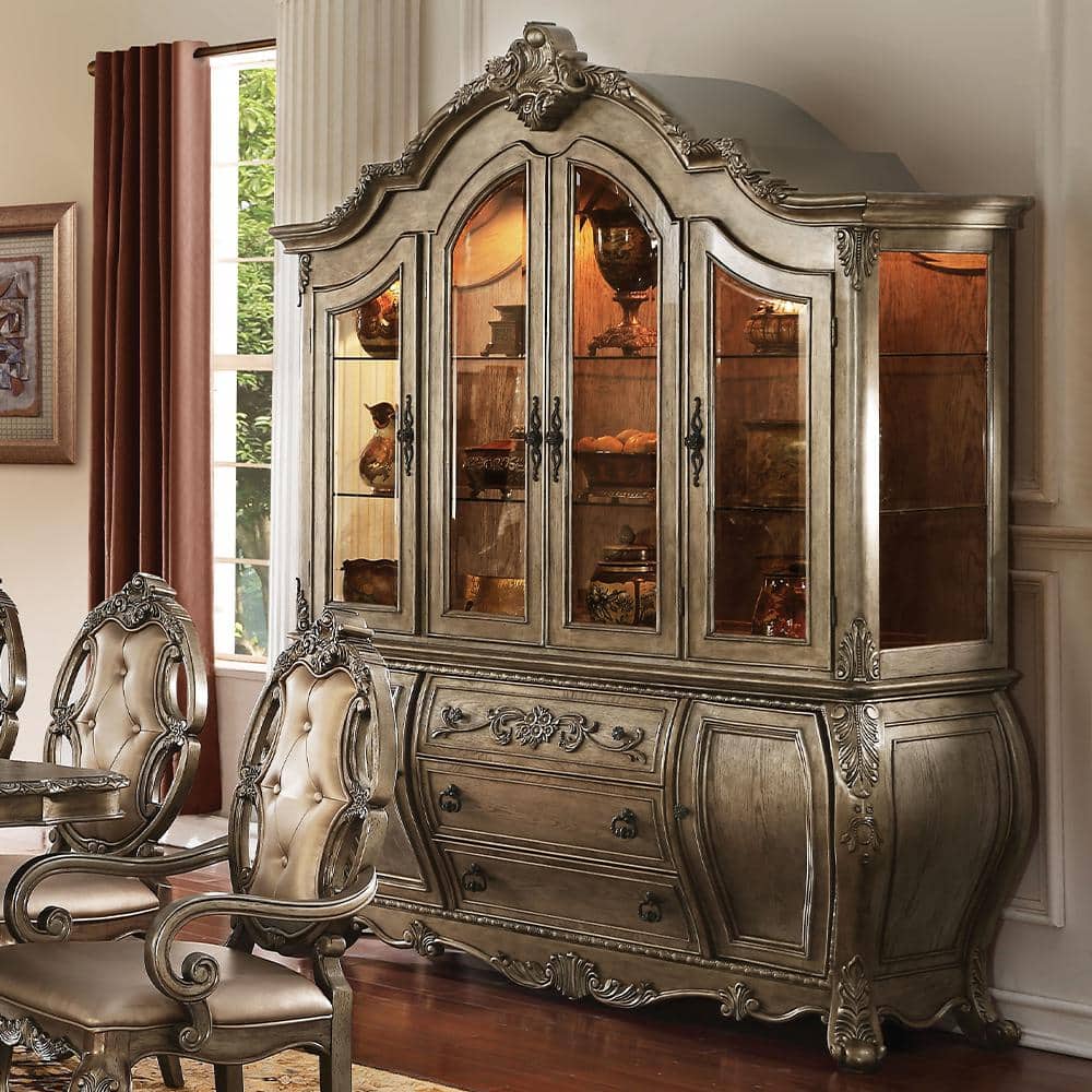 Elegant 72" Vintage Oak Lighted China Cabinet with Intricate Carvings