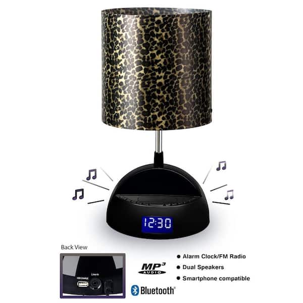 LighTunes Rhythm 15.25 in. Black Bluetooth Speaker Lamp with Alarm Clock, FM Radio, USB Charging Port and Leopard Printed Shade