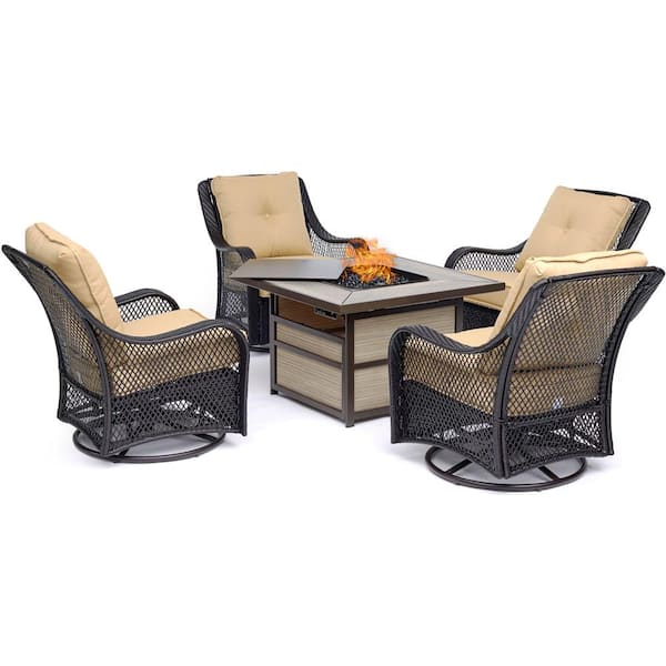 Hanover Orleans 5-Piece Wicker Patio Seating Set with Sahara Sand Cushions and Patio Fire Pit