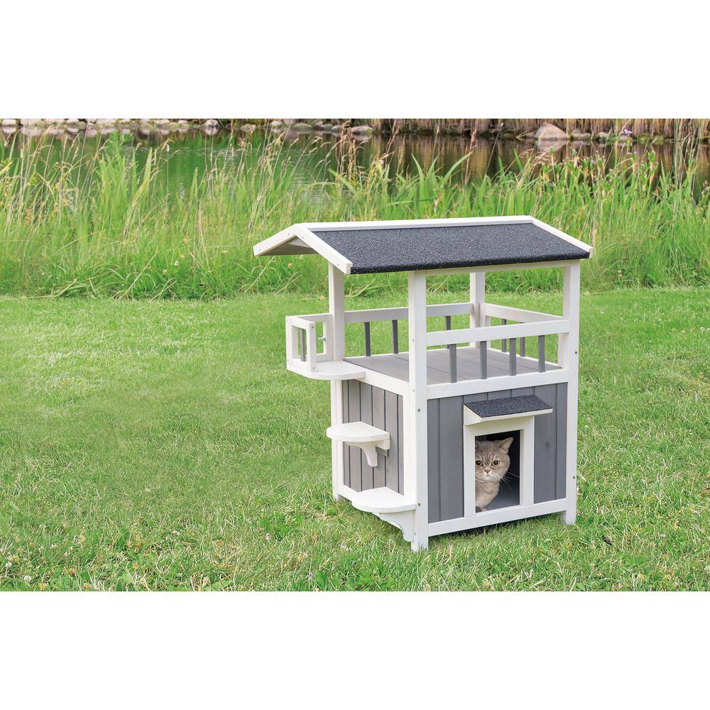 Gray and White Fir Wood Outdoor Cat House with Balcony