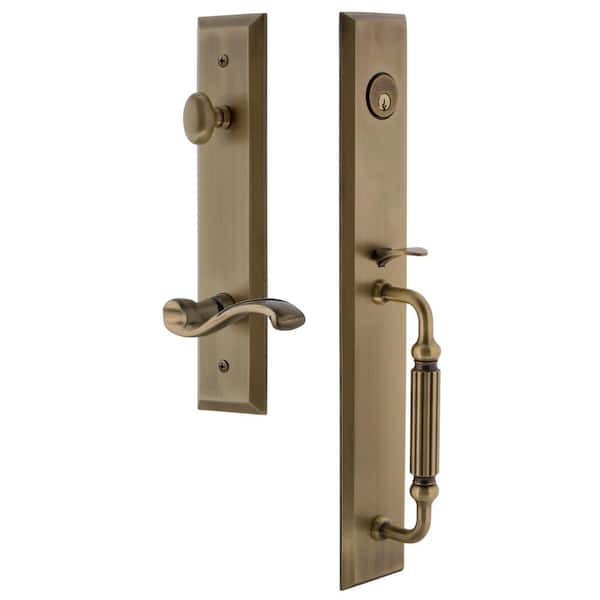 Grandeur Fifth Avenue Vintage Brass 1-Piece Dummy Door Handleset with F Grip and Portofino Lever - Right Handed