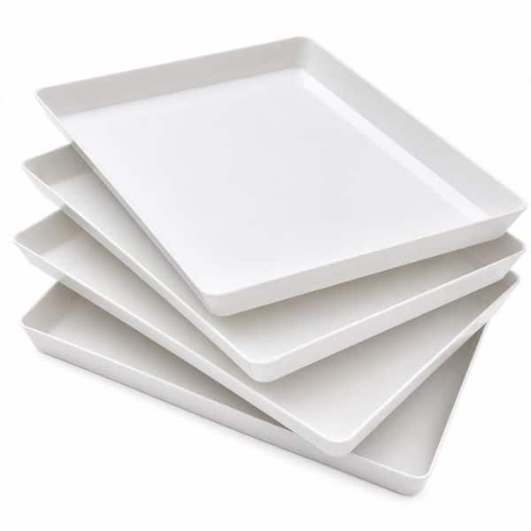 16 in. x 11 in. White Plastic Rectangular Platter (Set of 4), Reusable Serving Platters for Party Food Display