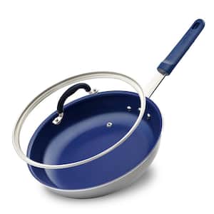 12 in. Ceramic Non-stick Large Frying Pan in Blue with Lid