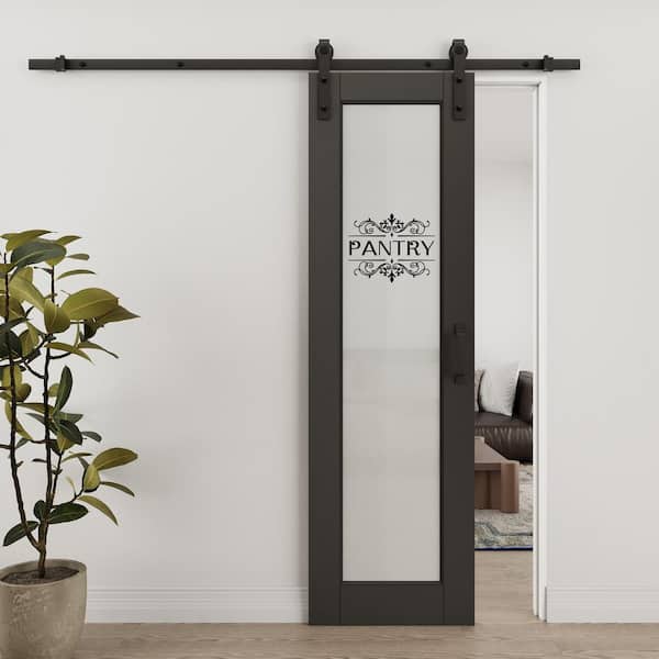 24 in. x 80 in. 1-Lite Frosted Glass Black Primed MDF Composite Sliding Barn Door with Hardware Kit and Pantry Sticker