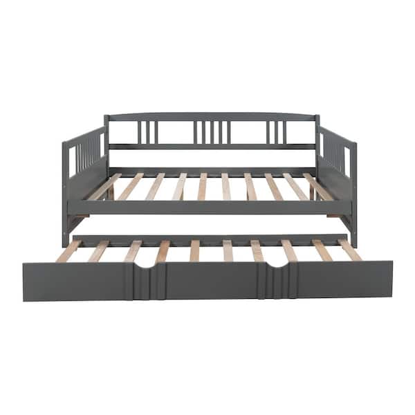 FORCLOVER Wood Gray 57 in. W Daybed with a Twin Size Hideaway Trundle Bed