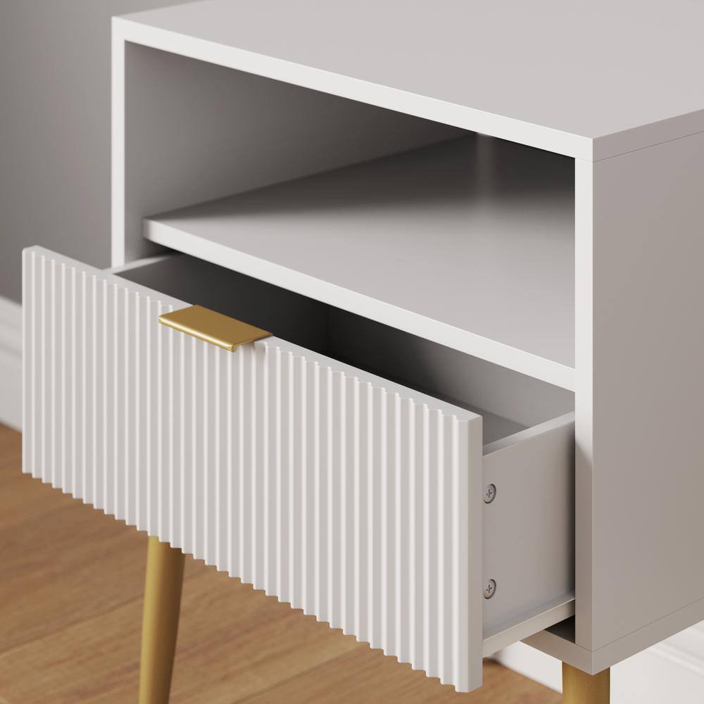 Jacklyn White and Gold Mid-Century Nightstands with Drawer, Set of 2