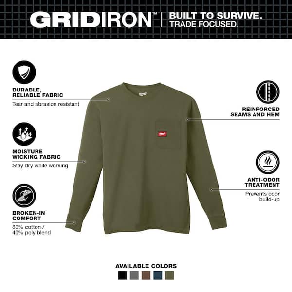 Men's X-Large Green GRIDIRON Cotton/Polyester Long-Sleeve Pocket T-Shirt