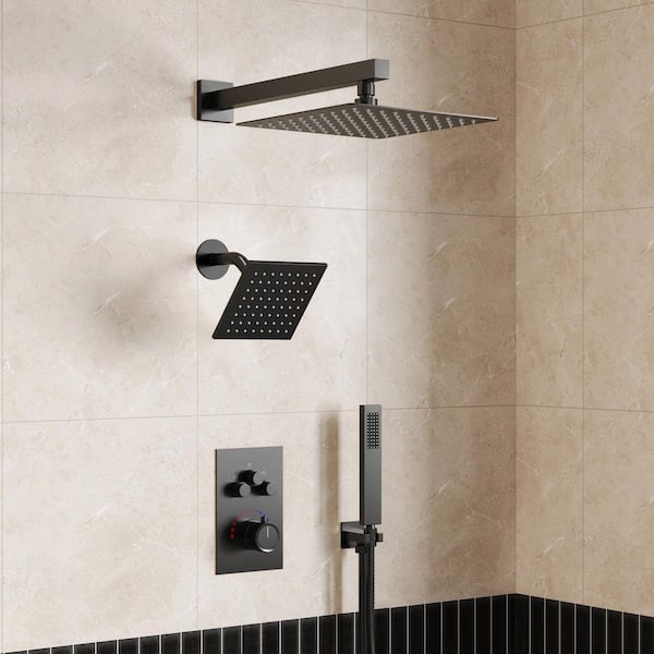 Zenith Rain 8-Spray 12, 6 in. Dual Wall Mount Shower Head and Handheld Shower Head 2.5 GPM in Matte Black Valve Included