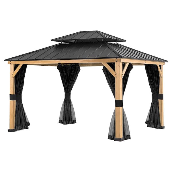 13 ft. x 11 ft. Double Galvanized Steel Roof Cedar Wood Frame Outdoor Patio Hardtop Gazebo with Mosquito Netting