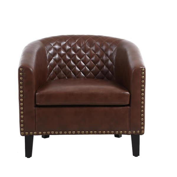 ANBAZAR Modern Brown PU Leather Upholstery Accent Chair Barrel Chair Club Chair with Wood Legs and Nailheads Set of 1 02483ANNA BR