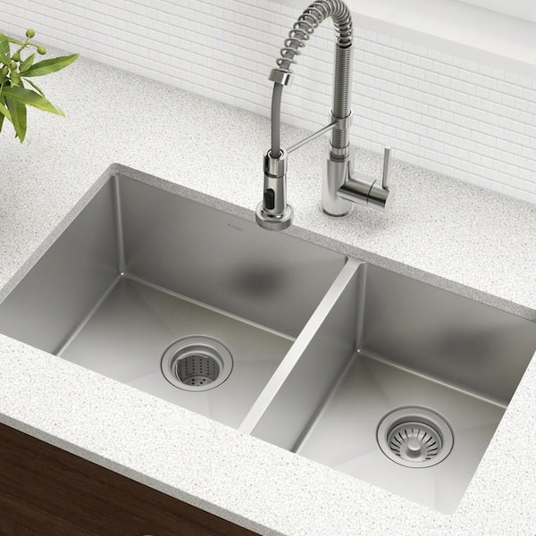 Standart PRO 16 Gauge Stainless Steel 33" 60/40 Double Bowl Undermount Kitchen Sink with WasteGuard Garbage Disposal