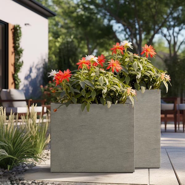 Sapcrete Modern 16 in., 24 in. High Large Tall Elongated Square Light Gray Outdoor Cement Planter Plant Pots Set of 2