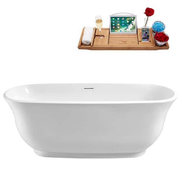 59 in. Acrylic Flatbottom Freestanding Bathtub in Glossy White with Matte Black Drain