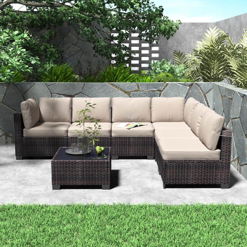 7-Piece Outdoor PE Rattan Sectional Sofa Set with White Cushions & Tempered Glass Table price history on PriceWatchPro