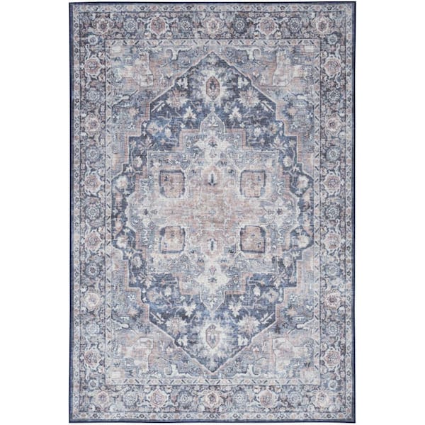 Unbranded Machine Washable Series 1 Ivory Navy 8 ft. x 10 ft. Distressed Traditional Area Rug
